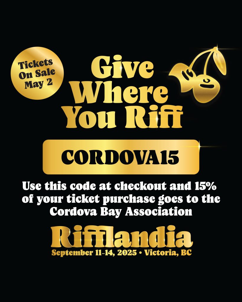 Promotional image for Rifflandia Festival 2025 with the code CORDOVA15, supporting the Cordova Bay Association.