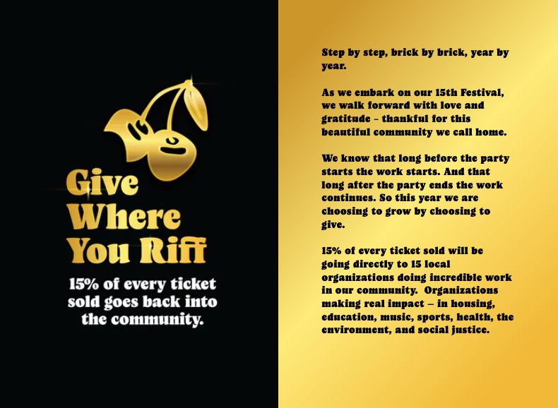 Promotional image for Rifflandia Festival 2025. Features the message “Give Where You Riff” with a gold cherry logo, and the ticket code “CORDOVA15” in a gold box. Text below says to use this code at checkout and 15% of the ticket purchase goes to the Cordova Bay Association. The event takes place September 11–14, 2025 in Victoria, BC.