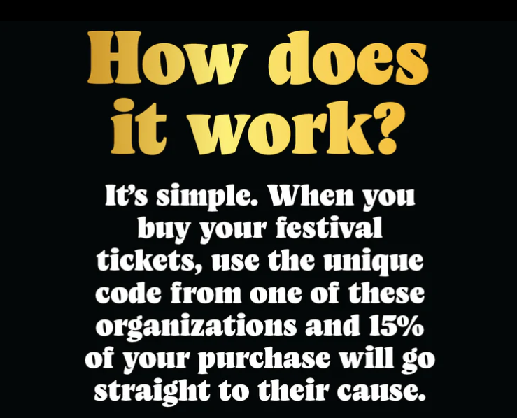 Black and gold text graphic titled “How does it work?” explaining that using a festival ticket code from an organization sends 15% of the purchase to their cause.